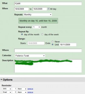 Dettaglio Evento GCalendar per ricordare di pagare F24